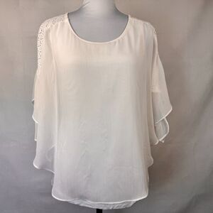 Alyx Ladies Sz S Overlay Sheer Blouse Paper White Batwing Lace Detail Tie Sleeve